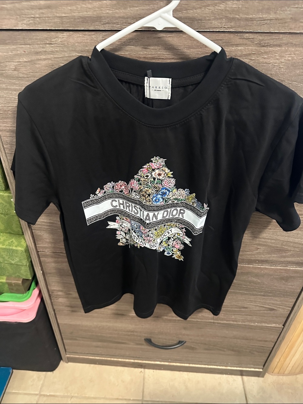 Parrso Black Logo Tee with Floral Crest size S